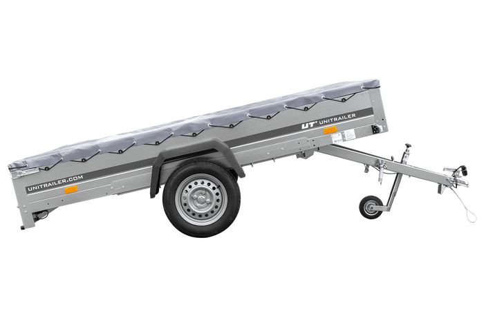 PKW Anhänger 264×150 UNITRAILER GARDEN 265 KIPP mit Flachplanenträger und grauer Plane-Neu