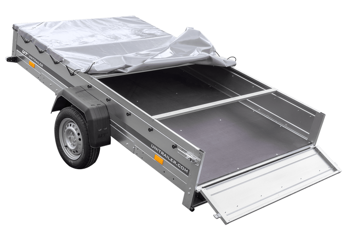 PKW Anhänger 264×150 UNITRAILER GARDEN 265 KIPP mit Flachplanenträger und grauer Plane-Neu
