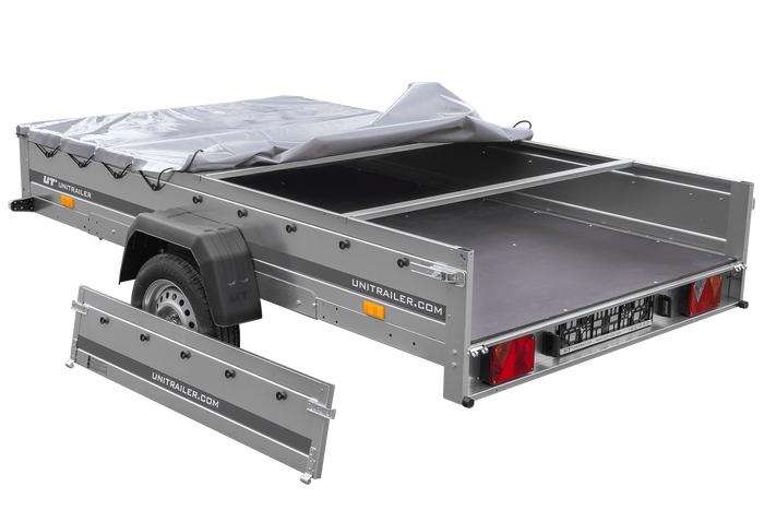 PKW Anhänger 264×150 UNITRAILER GARDEN 265 KIPP mit Flachplanenträger und grauer Plane-Neu