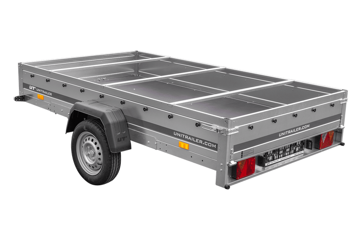 PKW Anhänger 264×150 UNITRAILER GARDEN 265 KIPP mit Flachplanenträger und grauer Plane-Neu