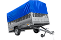 PKW-Anhänger 264×150 UNITRAILER GARDEN 265 KIPP mit Gitteraufsatz, Hochspriegel H-800 und blauer Plane-Neu