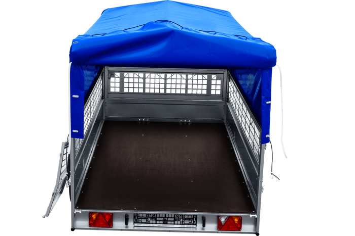 PKW-Anhänger 264×150 UNITRAILER GARDEN 265 KIPP mit Gitteraufsatz, Hochspriegel H-800 und blauer Plane-Neu