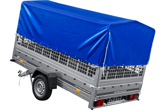 PKW-Anhänger 264×150 UNITRAILER GARDEN 265 KIPP mit Gitteraufsatz, Hochspriegel H-800 und blauer Plane-Neu