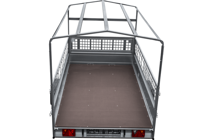 PKW-Anhänger 264×150 UNITRAILER GARDEN 265 KIPP mit Gitteraufsatz, Hochspriegel H-800 und blauer Plane-Neu