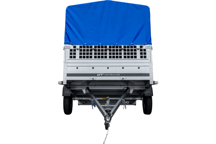 PKW-Anhänger 264×150 UNITRAILER GARDEN 265 KIPP mit Gitteraufsatz, Hochspriegel H-800 und blauer Plane-Neu