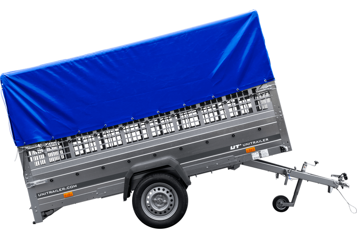 PKW-Anhänger 264×150 UNITRAILER GARDEN 265 KIPP mit Gitteraufsatz, Hochspriegel H-800 und blauer Plane-Neu