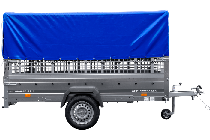 PKW-Anhänger 264×150 UNITRAILER GARDEN 265 KIPP mit Gitteraufsatz, Hochspriegel H-800 und blauer Plane-Neu