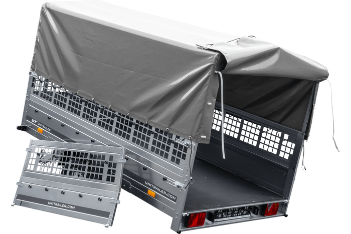 PKW-Anhänger 264×150 UNITRAILER GARDEN 265 KIPP mit Gitteraufsatz, Hochspriegel H-800 und grauer Plane-Neu