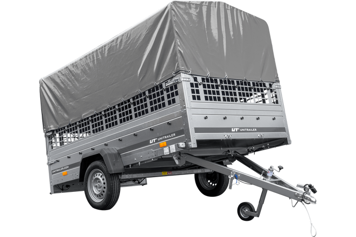 PKW-Anhänger 264×150 UNITRAILER GARDEN 265 KIPP mit Gitteraufsatz, Hochspriegel H-800 und grauer Plane-Neu