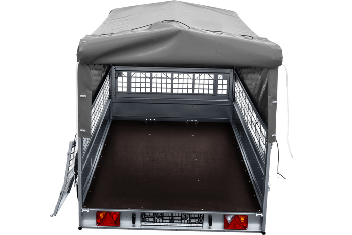 PKW-Anhänger 264×150 UNITRAILER GARDEN 265 KIPP mit Gitteraufsatz, Hochspriegel H-800 und grauer Plane-Neu