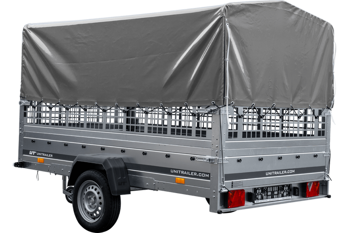PKW-Anhänger 264×150 UNITRAILER GARDEN 265 KIPP mit Gitteraufsatz, Hochspriegel H-800 und grauer Plane-Neu