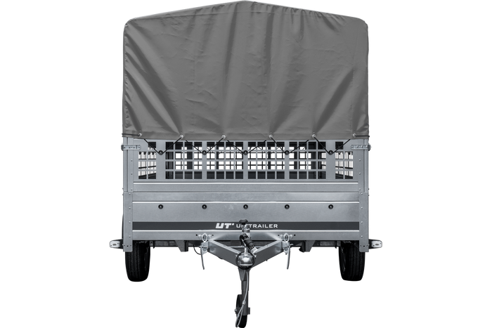 PKW-Anhänger 264×150 UNITRAILER GARDEN 265 KIPP mit Gitteraufsatz, Hochspriegel H-800 und grauer Plane-Neu