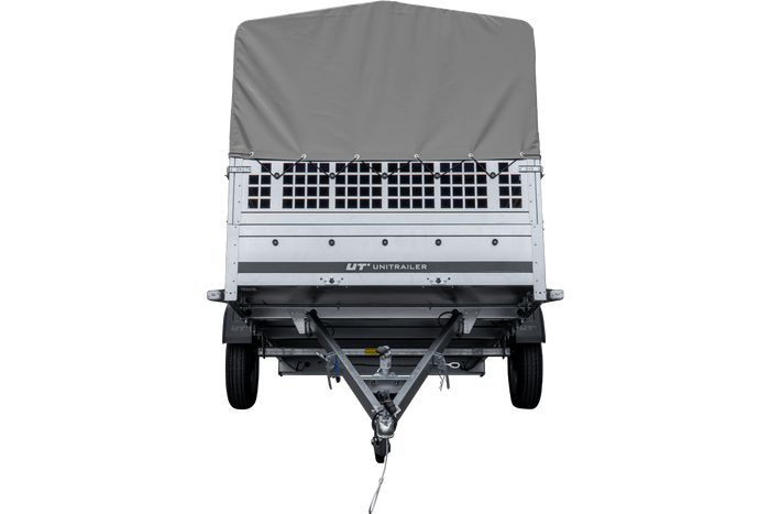 PKW-Anhänger 264×150 UNITRAILER GARDEN 265 KIPP mit Gitteraufsatz, Hochspriegel H-800 und grauer Plane-Neu