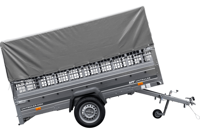 PKW-Anhänger 264×150 UNITRAILER GARDEN 265 KIPP mit Gitteraufsatz, Hochspriegel H-800 und grauer Plane-Neu