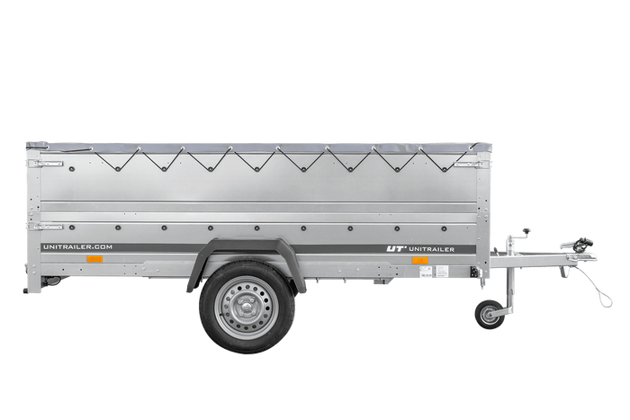 PKW-Anhänger 264×150 UNITRAILER GARDEN 265 KIPP mit zusätzlichen Bordwänden, H-0-Rahmen und grauer Plane-Neu
