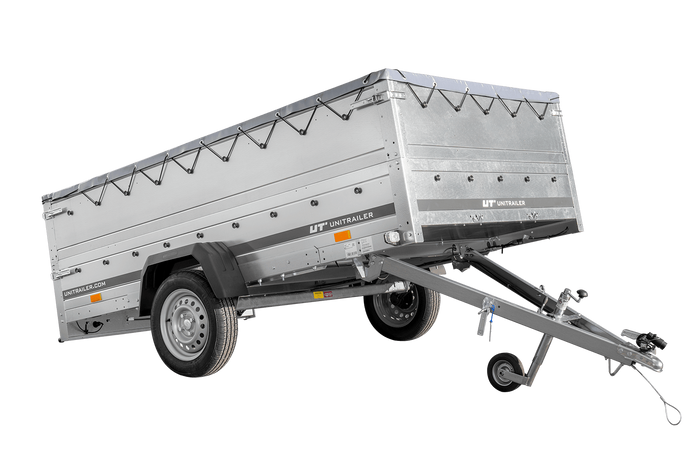 PKW-Anhänger 264×150 UNITRAILER GARDEN 265 KIPP mit zusätzlichen Bordwänden, H-0-Rahmen und grauer Plane-Neu
