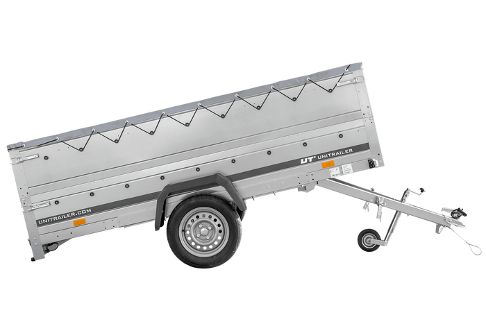 PKW-Anhänger 264×150 UNITRAILER GARDEN 265 KIPP mit zusätzlichen Bordwänden, H-0-Rahmen und grauer Plane-Neu