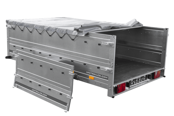 PKW-Anhänger 264×150 UNITRAILER GARDEN 265 KIPP mit zusätzlichen Bordwänden, H-0-Rahmen und grauer Plane-Neu