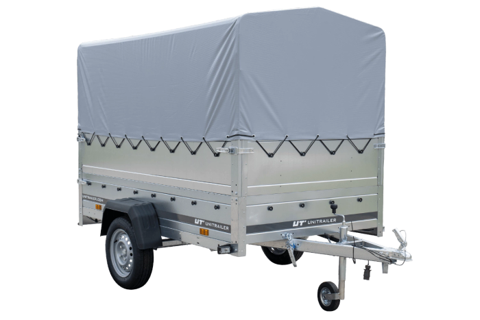 PKW-Anhänger auf Blattfedern 230×125 UNITRAILER GARDEN 230/R KIPP mit BIS-Seiten, H-800-Rahmen und grauer Plane-Neu
