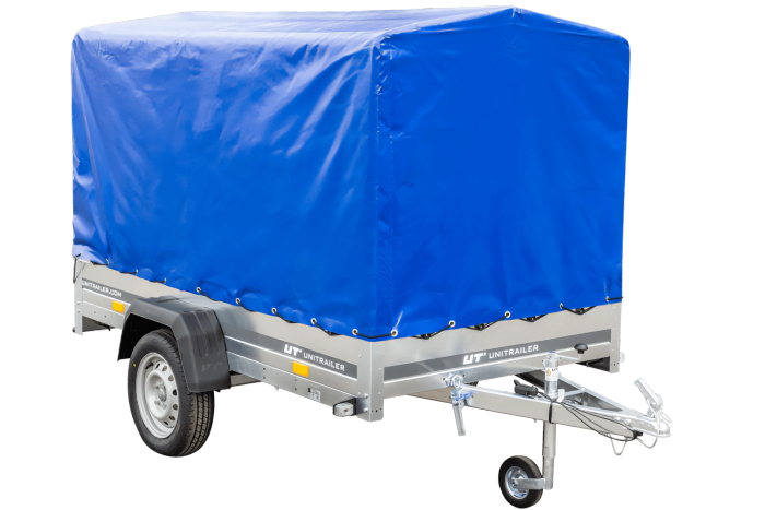 PKW-Anhänger auf Blattfedern 230×125 UNITRAILER GARDEN 230/R KIPP mit H-1100 Rahmen und blauer Plane-Neu