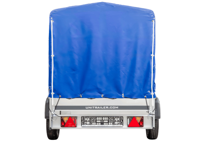 PKW-Anhänger auf Blattfedern 230×125 UNITRAILER GARDEN 230/R KIPP mit H-1100 Rahmen und blauer Plane-Neu