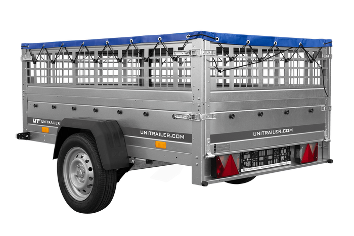 PKW-Anhänger auf Federn 200×125 UNITRAILER GARDEN 201/R KIPP mit Gitterwänden, H-0-Rahmen und blauer Plane-Neu