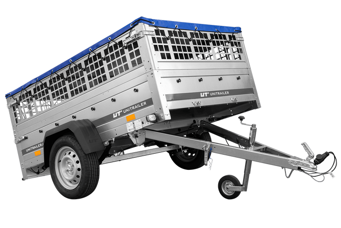 PKW-Anhänger auf Federn 200×125 UNITRAILER GARDEN 201/R KIPP mit Gitterwänden, H-0-Rahmen und blauer Plane-Neu
