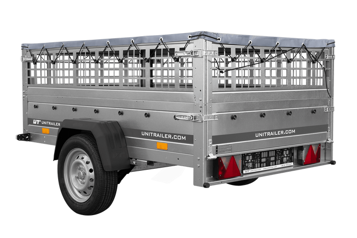 PKW-Anhänger auf Federn 200×125 UNITRAILER GARDEN 201/R KIPP mit Gitterwänden, H-0-Rahmen und grauer Plane-Neu