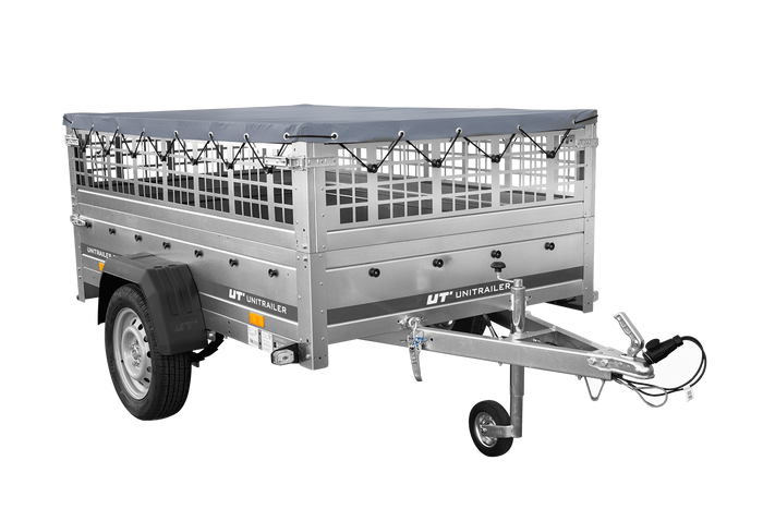 PKW-Anhänger auf Federn 200×125 UNITRAILER GARDEN 201/R KIPP mit Gitterwänden, H-0-Rahmen und grauer Plane-Neu