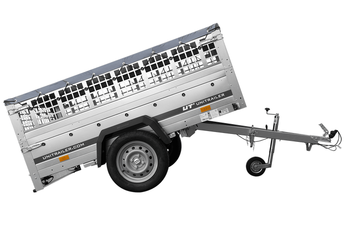 PKW-Anhänger auf Federn 200×125 UNITRAILER GARDEN 201/R KIPP mit Gitterwänden, H-0-Rahmen und grauer Plane-Neu