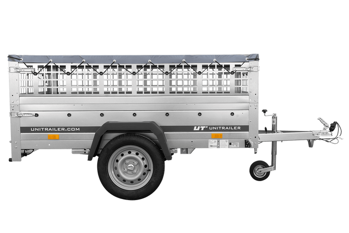 PKW-Anhänger auf Federn 200×125 UNITRAILER GARDEN 201/R KIPP mit Gitterwänden, H-0-Rahmen und grauer Plane-Neu