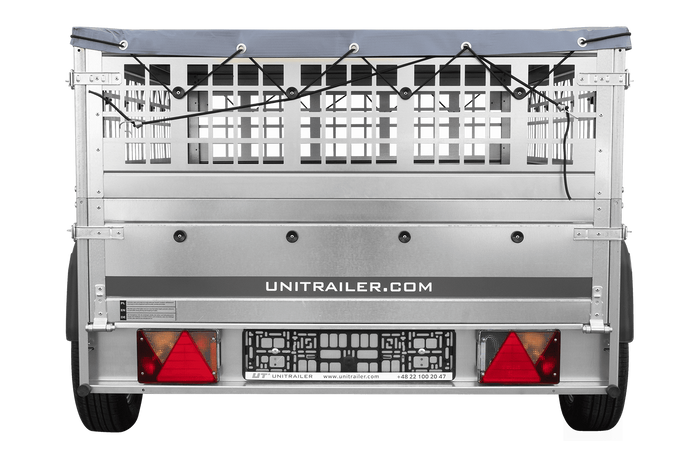 PKW-Anhänger auf Federn 200×125 UNITRAILER GARDEN 201/R KIPP mit Gitterwänden, H-0-Rahmen und grauer Plane-Neu