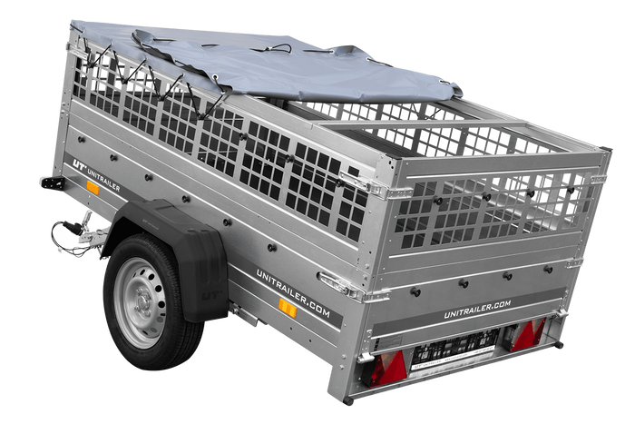 PKW-Anhänger auf Federn 200×125 UNITRAILER GARDEN 201/R KIPP mit Gitterwänden, H-0-Rahmen und grauer Plane-Neu
