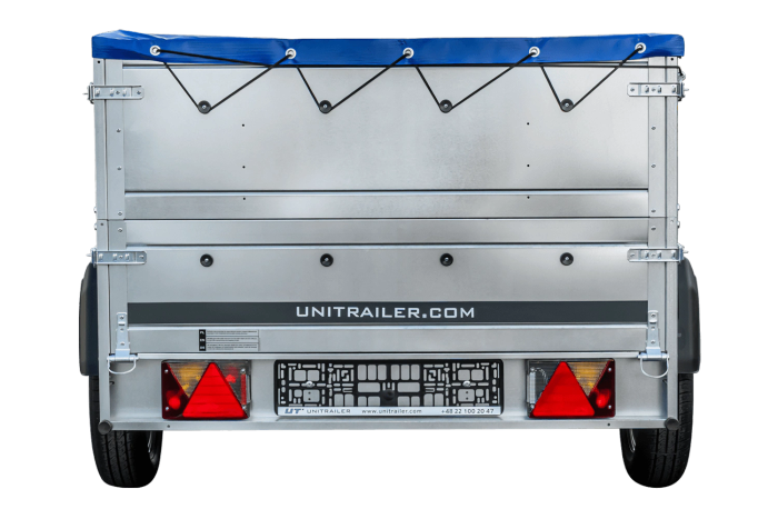 PKW-Anhänger auf Federn 230×125 UNITRAILER GARDEN 230/R KIPP mit BIS-Bordwänden, H-0-Rahmen und blauer Plane-Neu