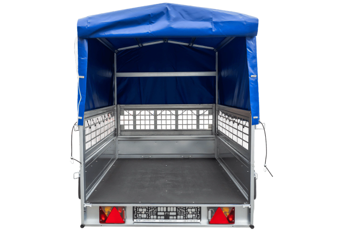 PKW-Anhänger auf Federn 230×125 UNITRAILER GARDEN 230/R KIPP mit Gitterwänden, H-800-Rahmen und blauer Plane-Neu