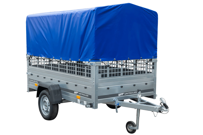 PKW-Anhänger auf Federn 230×125 UNITRAILER GARDEN 230/R KIPP mit Gitterwänden, H-800-Rahmen und blauer Plane-Neu