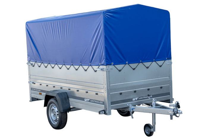 PKW-Anhänger auf Federn 264×125 UNITRAILER GARDEN 264/R KIPP mit BIS-Seiten, H-800-Rahmen und blauer Plane-Neu