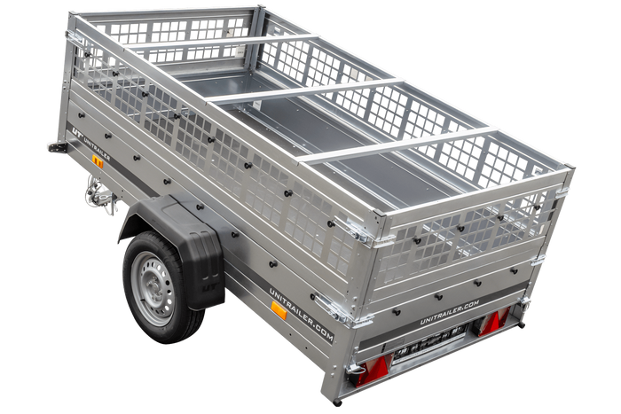Pkw Transport Anhänger 230×125 Garden Trailer 230 KIPP mit Laubgitteraufsatz, blauer Flachplane, Planenträgern und Stützrad-Neu