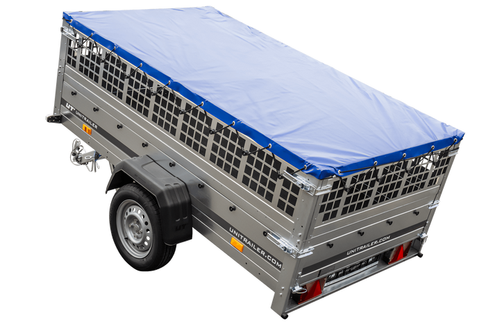 Pkw Transport Anhänger 230×125 Garden Trailer 230 KIPP mit Laubgitteraufsatz, blauer Flachplane, Planenträgern und Stützrad-Neu