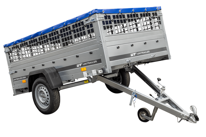 Pkw Transport Anhänger 230×125 Garden Trailer 230 KIPP mit Laubgitteraufsatz, blauer Flachplane, Planenträgern und Stützrad-Neu