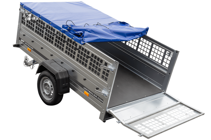 Pkw Transport Anhänger 230×125 Garden Trailer 230 KIPP mit Laubgitteraufsatz, blauer Flachplane, Planenträgern und Stützrad-Neu