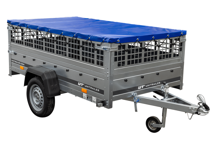 Pkw Transport Anhänger 230×125 Garden Trailer 230 KIPP mit Laubgitteraufsatz, blauer Flachplane und Stützrad-Neu