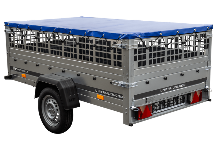 Pkw Transport Anhänger 230×125 Garden Trailer 230 KIPP mit Laubgitteraufsatz, blauer Flachplane und Stützrad-Neu