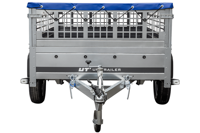 Pkw Transport Anhänger 230×125 Garden Trailer 230 KIPP mit Laubgitteraufsatz, blauer Flachplane und Stützrad-Neu