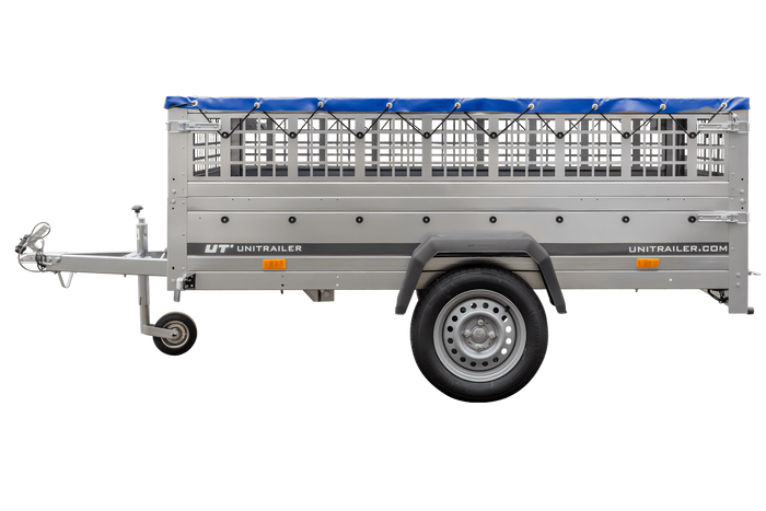 Pkw Transport Anhänger 230×125 Garden Trailer 230 KIPP mit Laubgitteraufsatz, blauer Flachplane und Stützrad-Neu