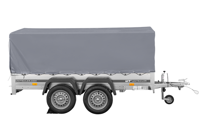 Zweiachsanhänger 264×150 UNITRAILER GARDEN 265/2 KIPP mit H-800 Rahmen und grauer Plane-Neu