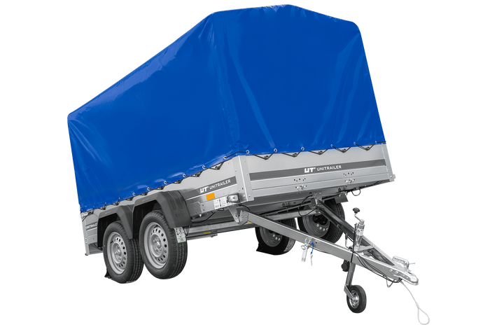 Zweiachsanhänger 264×150 UNITRAILER GARDEN 265/2 KIPP mit Rahmen H-1100 und blauer Plane-Neu