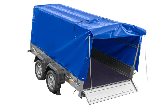 Zweiachsanhänger 264×150 UNITRAILER GARDEN 265/2 KIPP mit Rahmen H-1100 und blauer Plane-Neu
