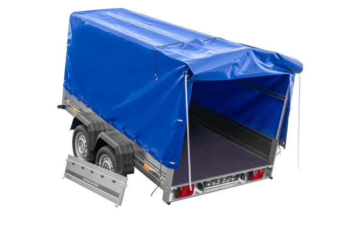 Zweiachsanhänger 264×150 UNITRAILER GARDEN 265/2 KIPP mit Rahmen H-1100 und blauer Plane-Neu