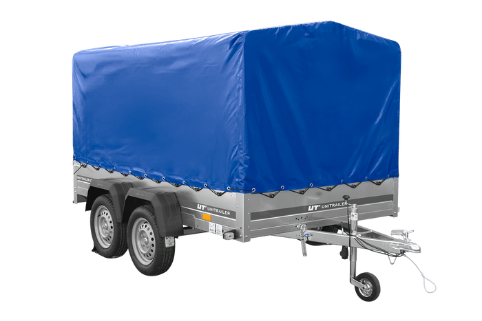 Zweiachsanhänger 264×150 UNITRAILER GARDEN 265/2 KIPP mit Rahmen H-1100 und blauer Plane-Neu